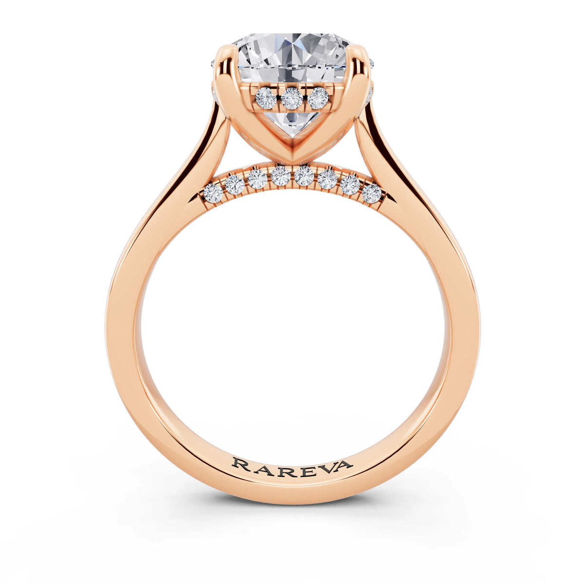 14 KT Rose Gold Round Cut Diamond Solitaire Ring with Cathedral Band - through finger