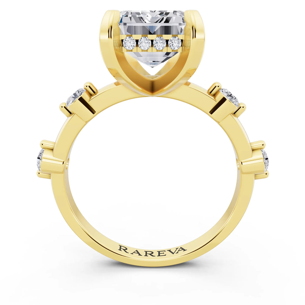 14 KT Yellow Gold Emerald Cut Diamond Solitaire Ring with Floating Diamond Accents - through finger