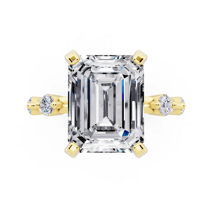 18 KT Yellow Gold Emerald Cut Diamond Solitaire Ring with Floating Diamond Accents - top angle