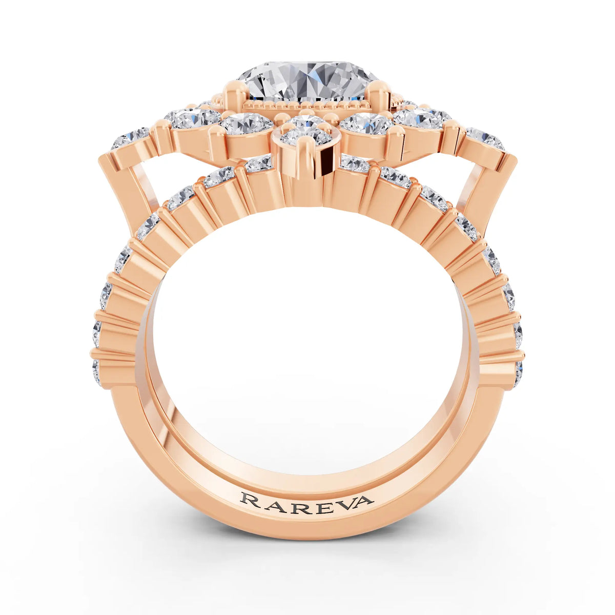18 KT Rose Gold Round Cut Diamond Starburst Halo Ring - Through