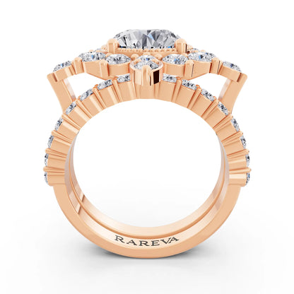 18 KT Rose Gold Round Cut Diamond Starburst Halo Ring - Through