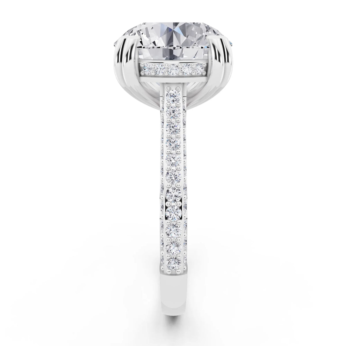14 KT White Gold Round Cut Diamond Hidden Halo Double Claw Pave Band Ring - side view