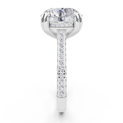 14 KT White Gold Round Cut Diamond Hidden Halo Double Claw Pave Band Ring - side view