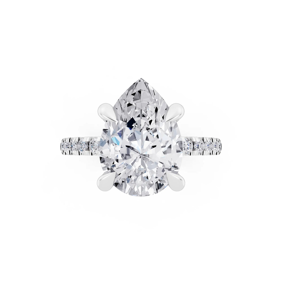 Platinum Pear Cut Diamond Solitaire Ring with Round Pavé Band and Prong Setting - top angle