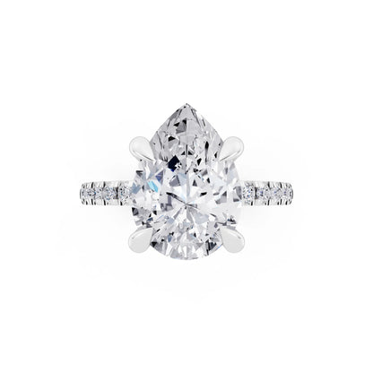 Platinum Pear Cut Diamond Solitaire Ring with Round Pavé Band and Prong Setting - top angle