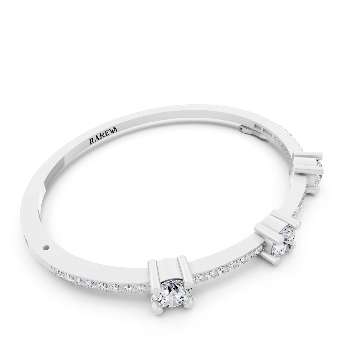 10K White Gold Three Stone Round Cut Diamond Bangle Bracelet - Left