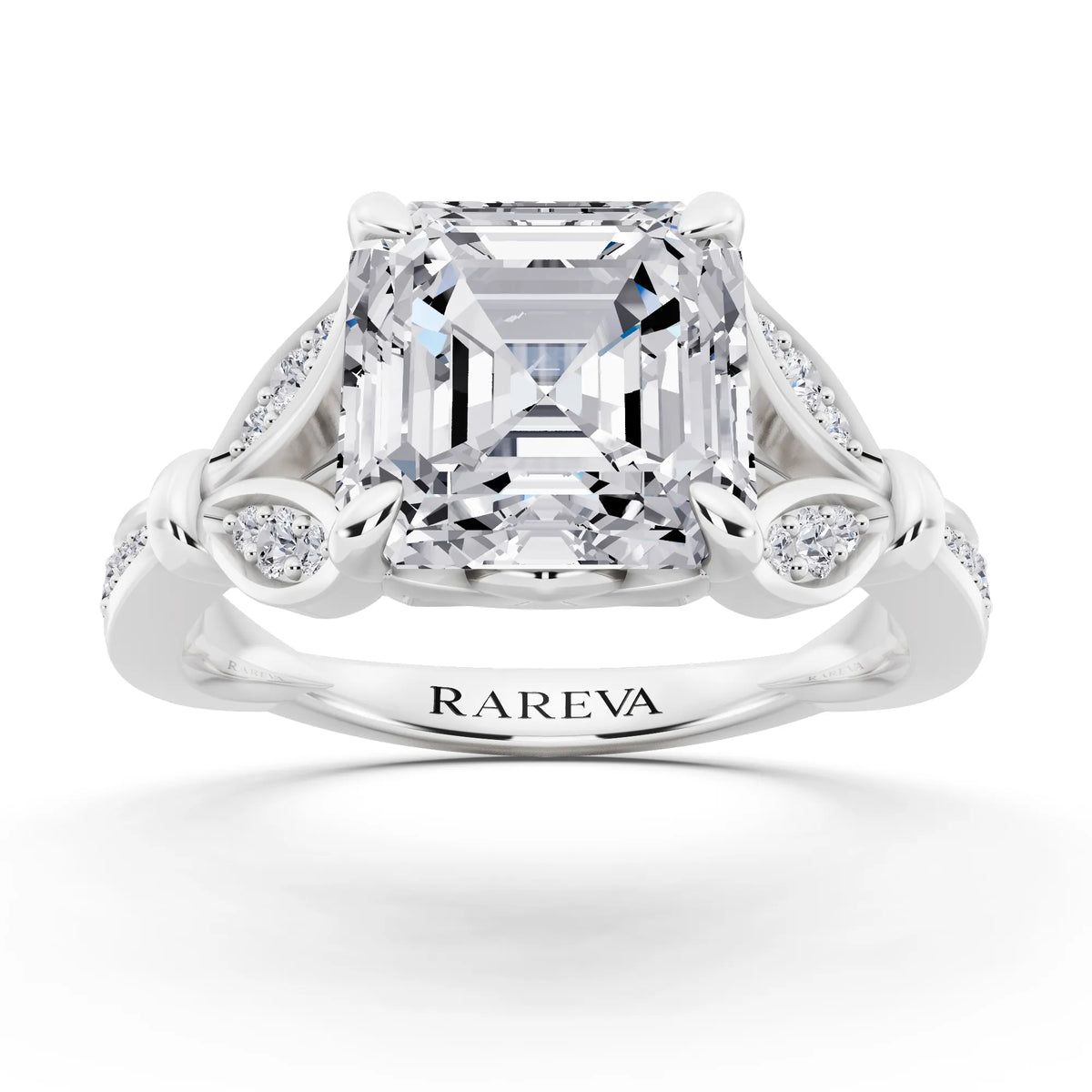 18 KT White Gold Asscher Cut Diamond Ring with Lotus Collar - front view
