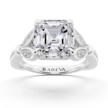 18 KT White Gold Asscher Cut Diamond Ring with Lotus Collar - front view