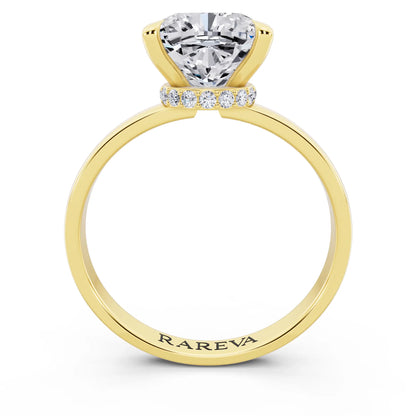18 KT Yellow Gold Cushion Cut Diamond Solitaire Ring with Pave Collar - through finger