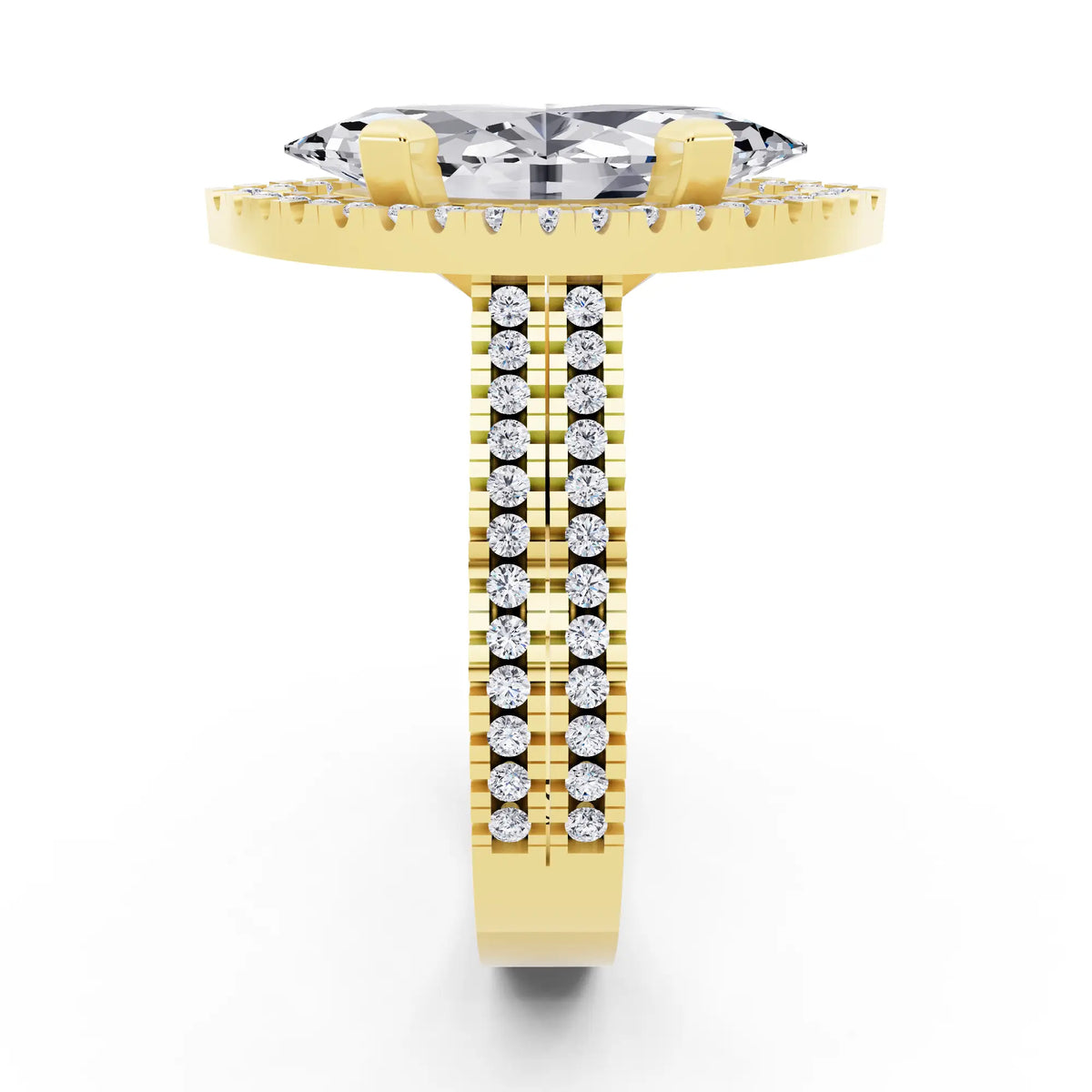 14 KT Yellow Gold Marquise Cut Diamond Halo Ring with Twin Pave Band - side view