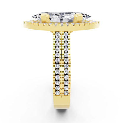 14 KT Yellow Gold Marquise Cut Diamond Halo Ring with Twin Pave Band - side view