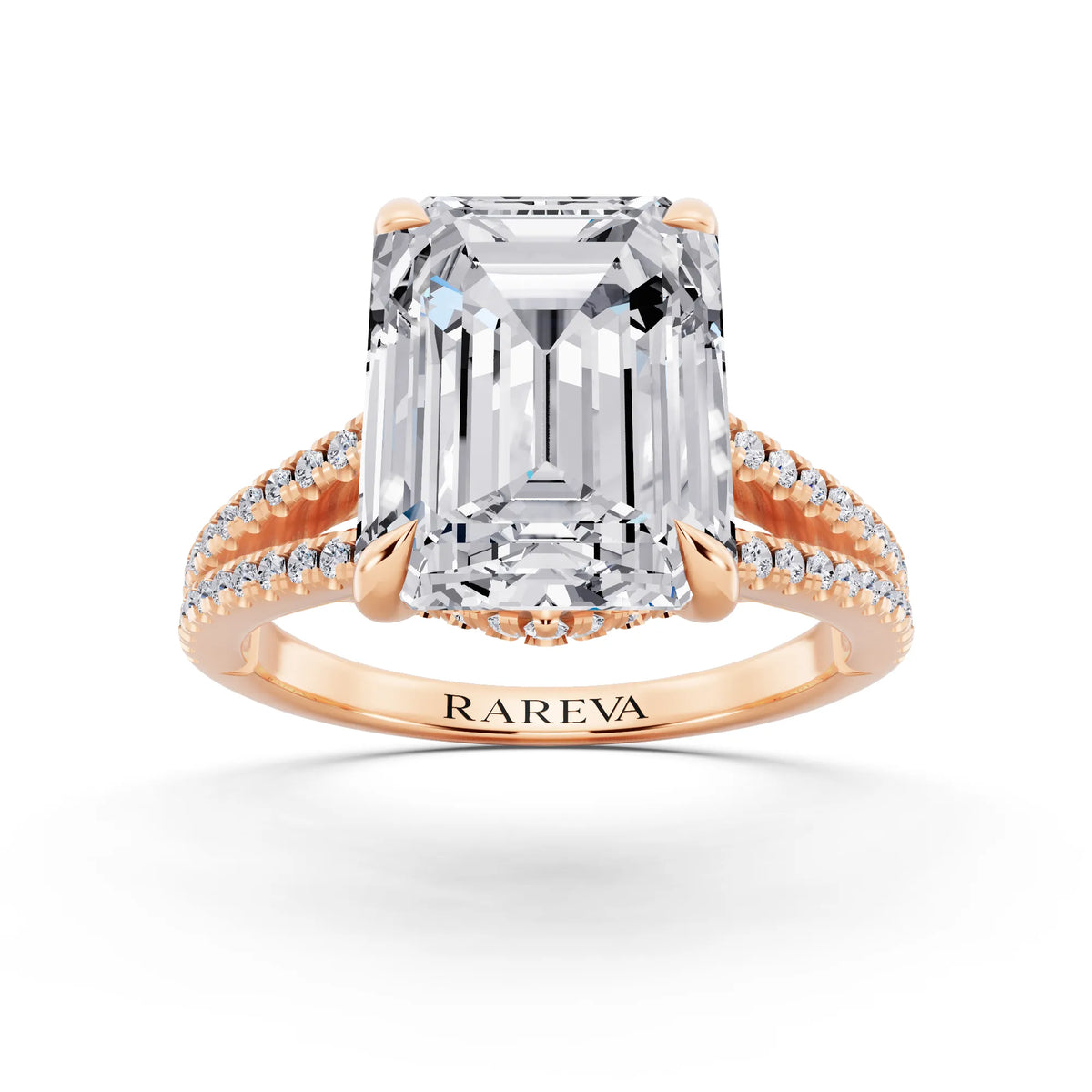 14 KT Rose Gold Emerald Cut Diamond Ring with Pavé Split Shank - front view