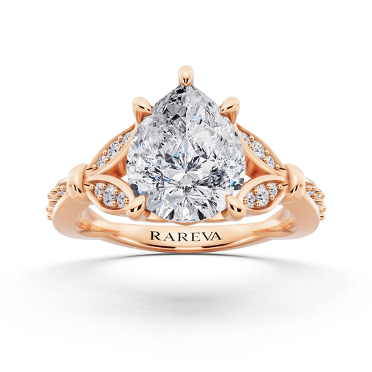 14 KT Rose Gold Pear Cut Diamond Ring with Lotus Collar - front view