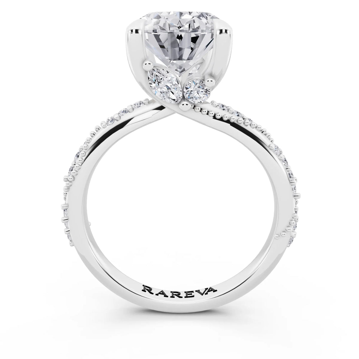 14 KT White Gold Oval Cut Diamond Ring with Marquise Accent - through finger