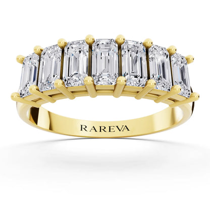 10K Yellow Gold Seven Stone Emerald Cut Diamond Half Eternity Wedding Band - 1.8mm - Front