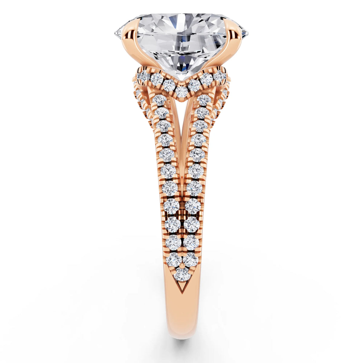 18 KT Rose Gold Oval Cut Diamond Ring with Pavé Split Shank - side view