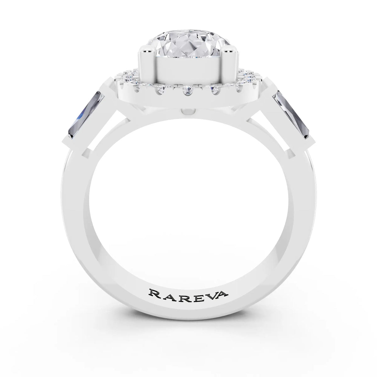 18 KT White Gold Pear Cut Diamond Halo Ring with Baguette Accents - through finger