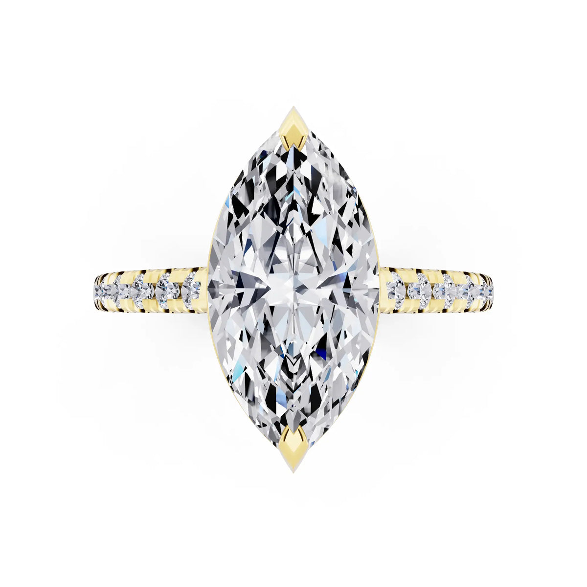 14 KT Yellow Gold Marquise Cut Diamond Claw Prong Solitaire Ring with French Pave Band - top angle