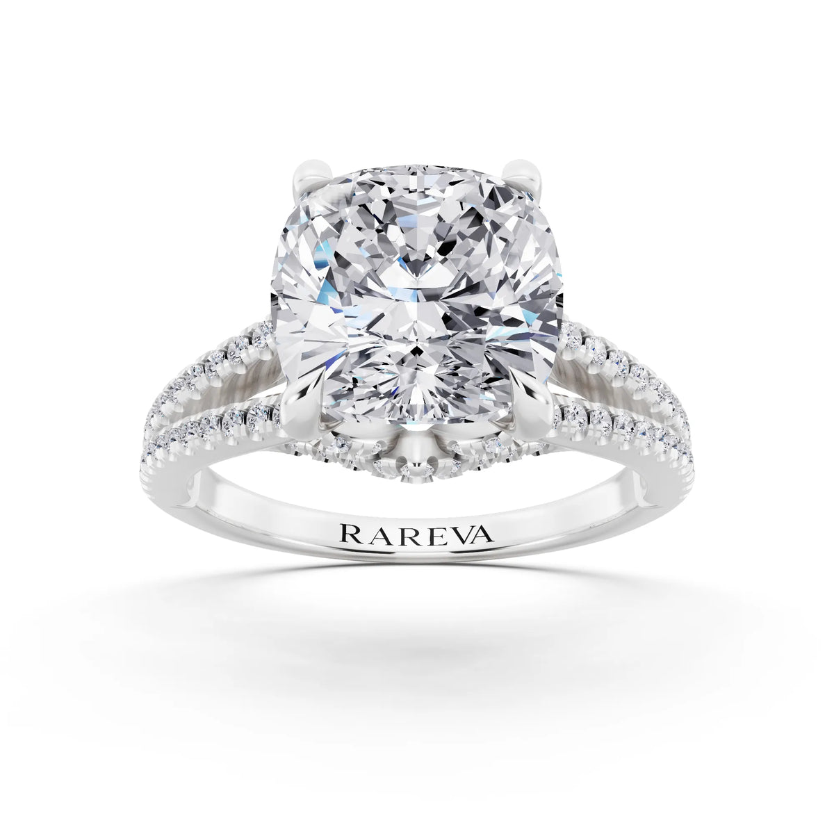 18 KT White Gold Cushion Cut Diamond Ring with Pavé Split Shank - front view