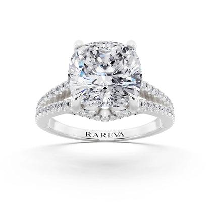 18 KT White Gold Cushion Cut Diamond Ring with Pavé Split Shank - front view