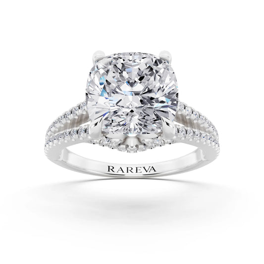 18 KT White Gold Cushion Cut Diamond Ring with Pavé Split Shank - front view