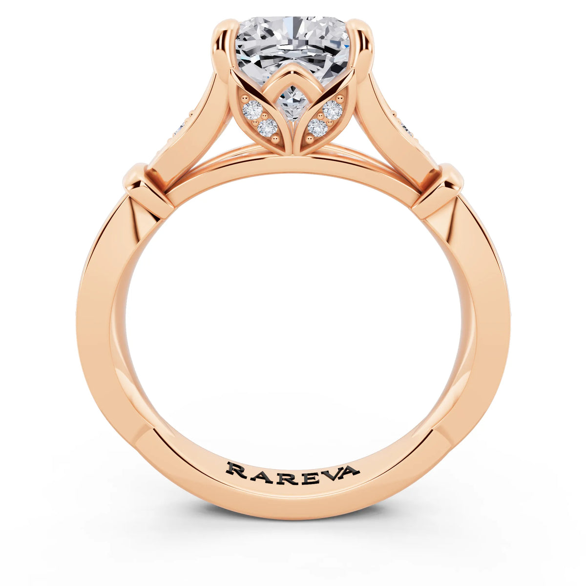 18 KT Rose Gold Cushion Cut Diamond Ring with Lotus Collar - through finger