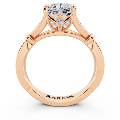18 KT Rose Gold Cushion Cut Diamond Ring with Lotus Collar - through finger