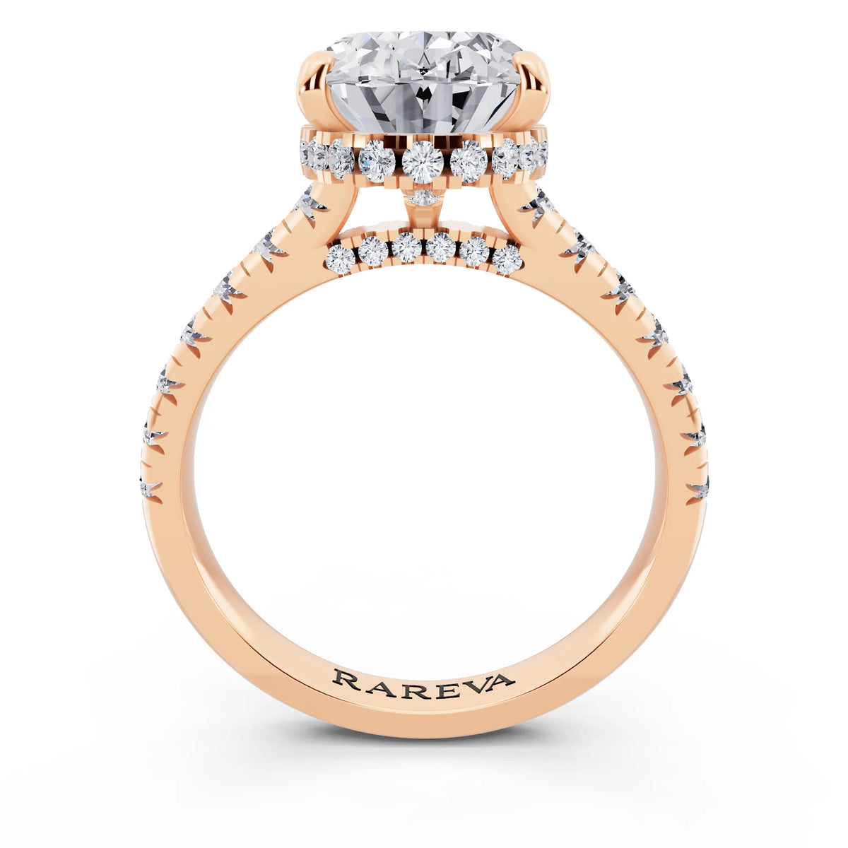18 KT Rose Gold Oval Cut Diamond Ring with Hidden Halo - through finger