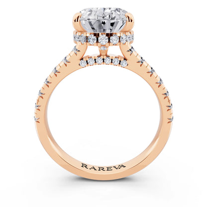 18 KT Rose Gold Oval Cut Diamond Ring with Hidden Halo - through finger