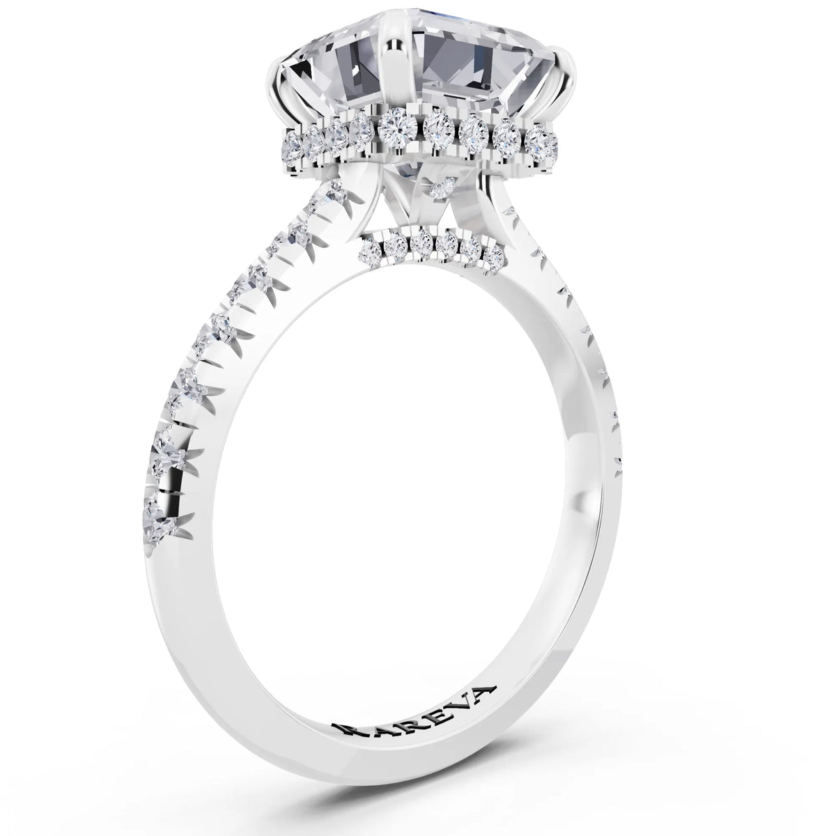 18 KT White Gold Asscher Cut Diamond Ring with Hidden Halo - top view