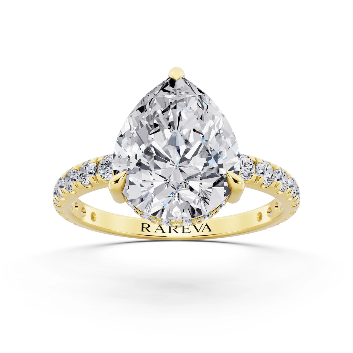 18 KT Yellow Gold Pear Cut Diamond Solitaire Ring with Hidden Halo and French Pave Band - front view