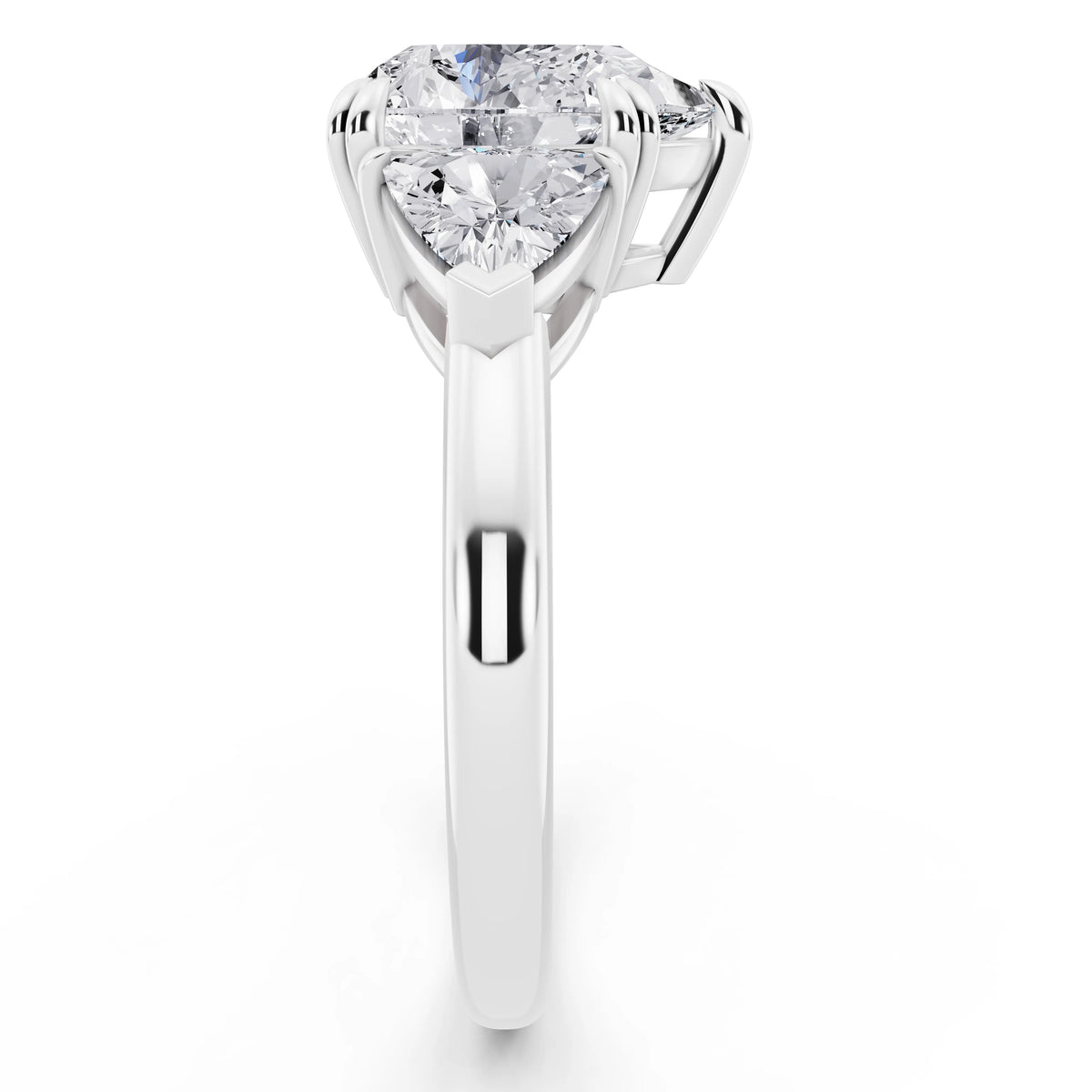 18 KT White Gold Pear Cut Diamond Three Stone Ring with Trillion Accents - side view