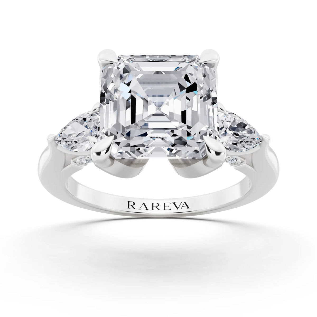 Platinum Asscher Cut Diamond Cluster Engagement Ring with Pear Accents and Pavé Band - front view