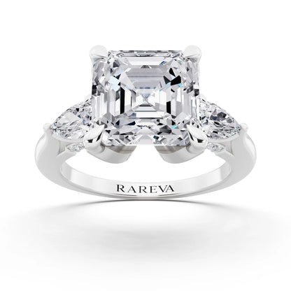 Platinum Asscher Cut Diamond Cluster Engagement Ring with Pear Accents and Pavé Band - front view