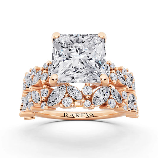 14 KT Rose Gold Princess Cut Diamond Ring with Marquise Cluster Band - front view
