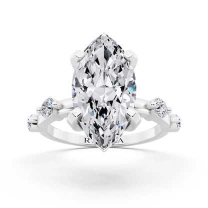 Platinum Marquise Cut Diamond Solitaire Ring with Floating Diamond Accents - front view