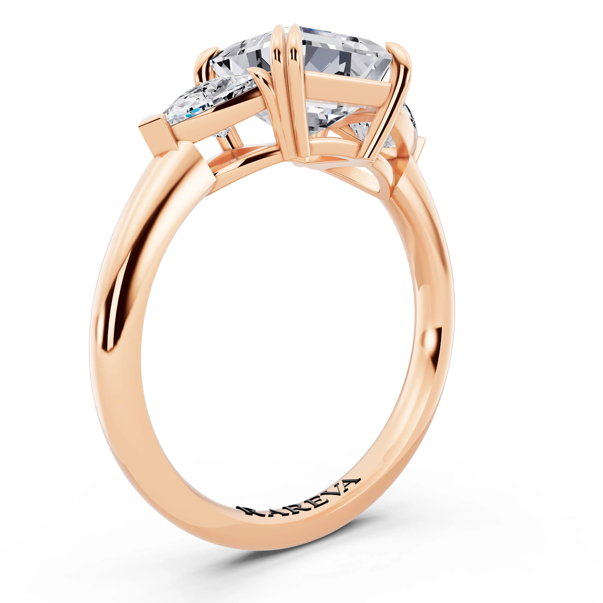 14 KT Rose Gold Asscher Cut Diamond Three Stone Ring with Trillion Accents - top view