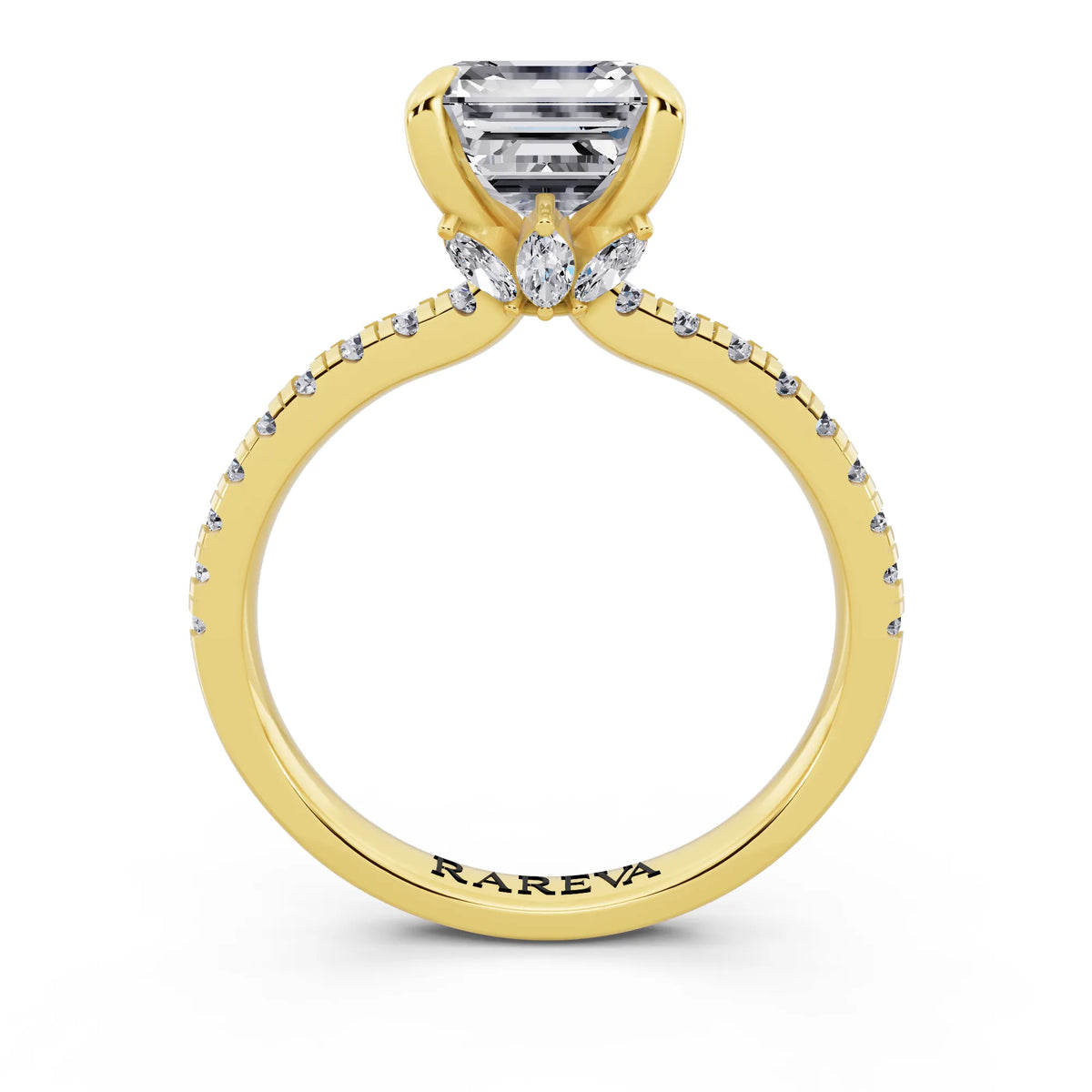 14 KT Yellow Gold Asscher Cut Diamond Solitaire Ring with Marquise Collar - through finger