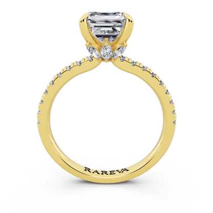 14 KT Yellow Gold Asscher Cut Diamond Solitaire Ring with Marquise Collar - through finger