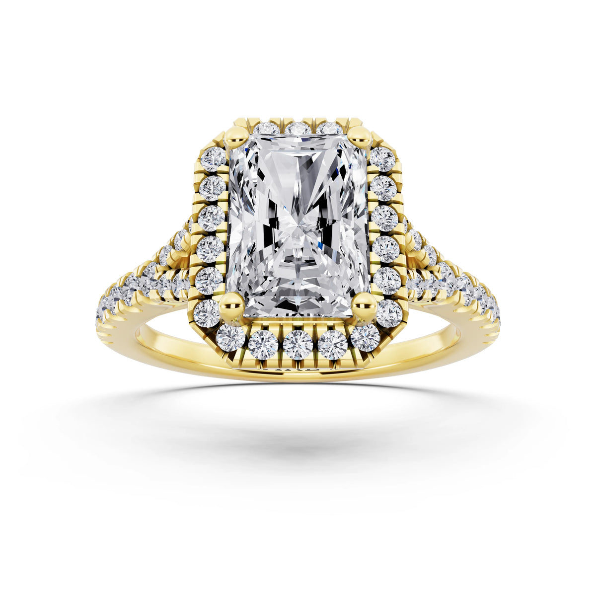 18 KT Yellow Gold Radiant Cut Diamond Halo Ring with Split Shank - front view