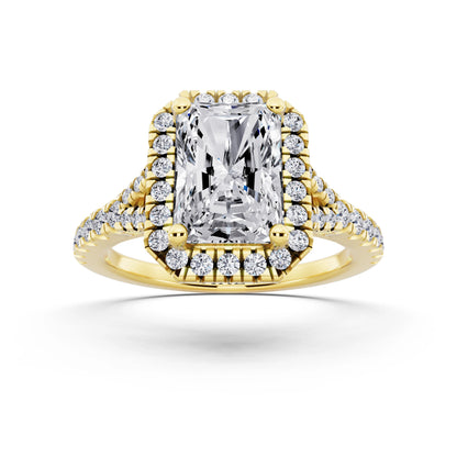 18 KT Yellow Gold Radiant Cut Diamond Halo Ring with Split Shank - front view