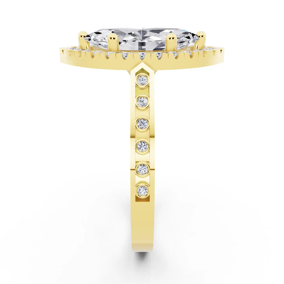 18 KT Yellow Gold Marquise Cut Diamond Halo Ring with Bezel Accent Band - side view