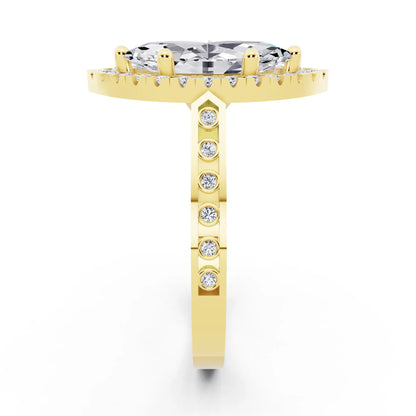 18 KT Yellow Gold Marquise Cut Diamond Halo Ring with Bezel Accent Band - side view