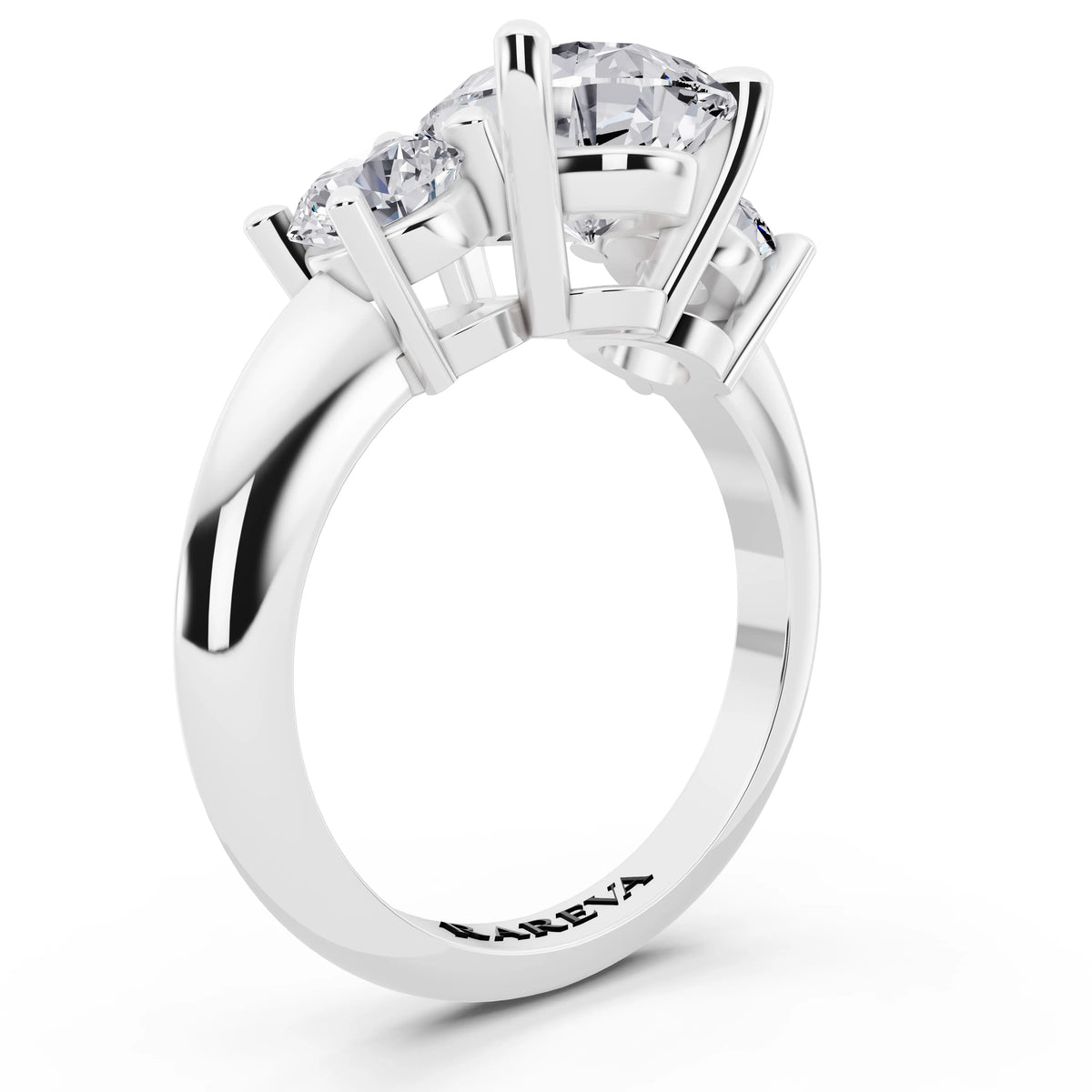 14 KT White Gold Pear Cut Diamond Three Stone Ring with Round Accents - top view