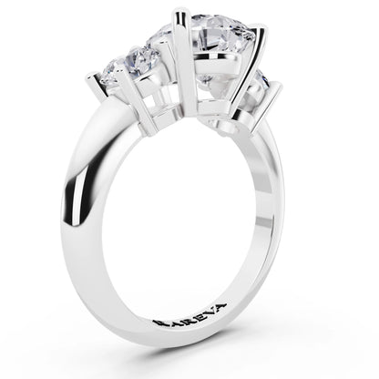 14 KT White Gold Pear Cut Diamond Three Stone Ring with Round Accents - top view