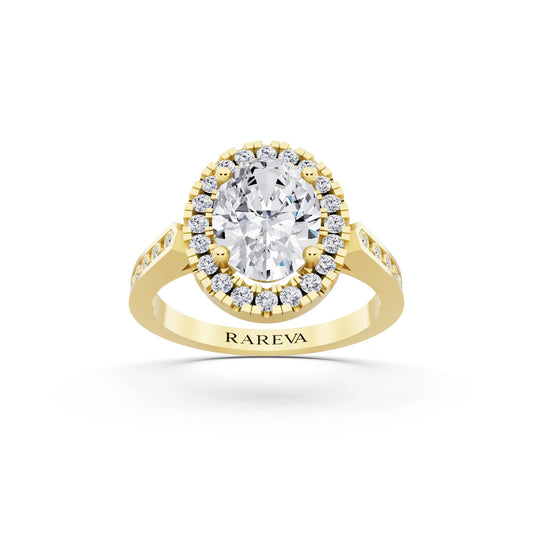 18 KT Yellow Gold Oval Cut Diamond Halo Ring with Bezel Accent Band - front view