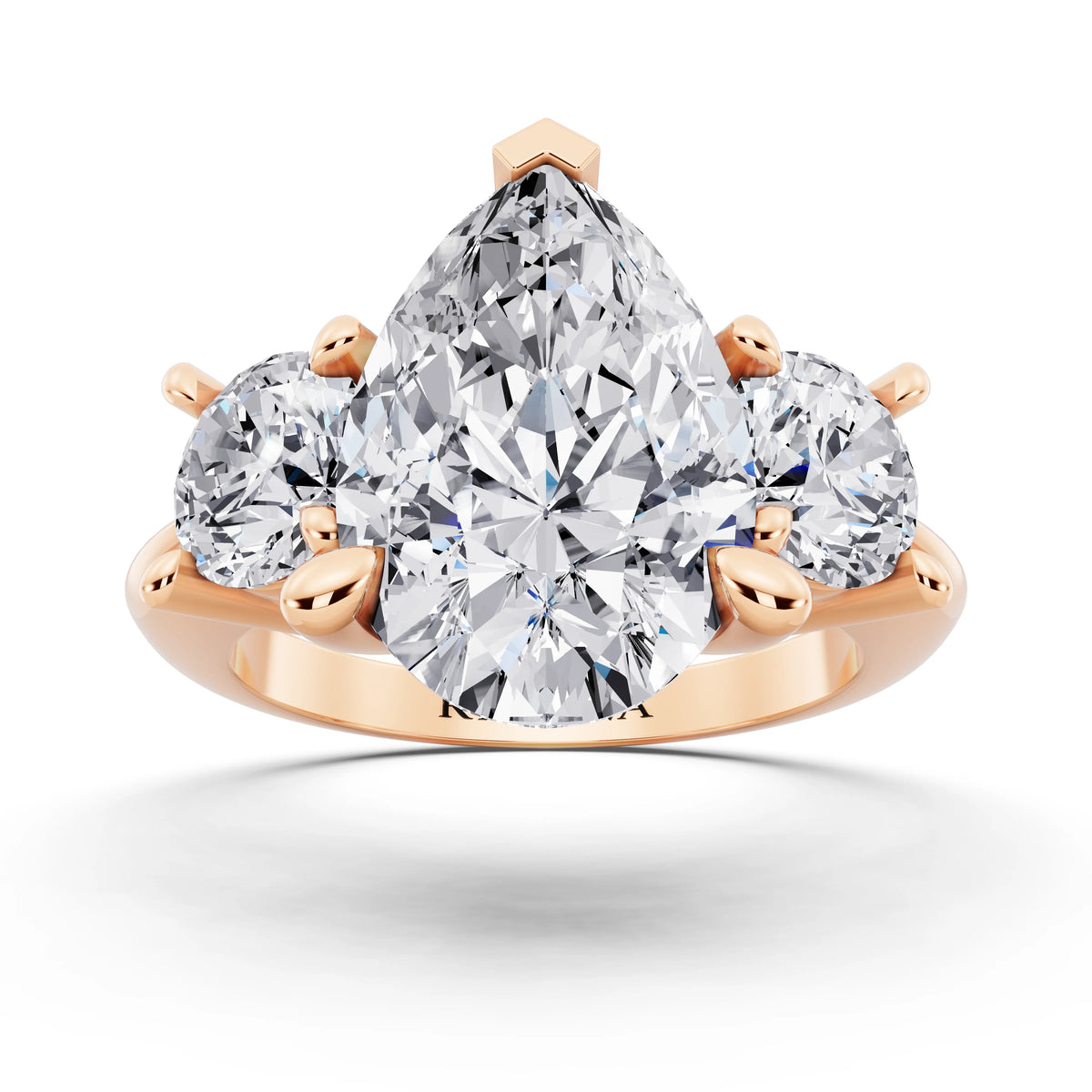 14 KT Rose Gold Pear Cut Diamond Three Stone Ring with Round Accents - front view