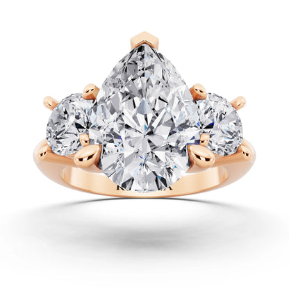 14 KT Rose Gold Pear Cut Diamond Three Stone Ring with Round Accents - front view