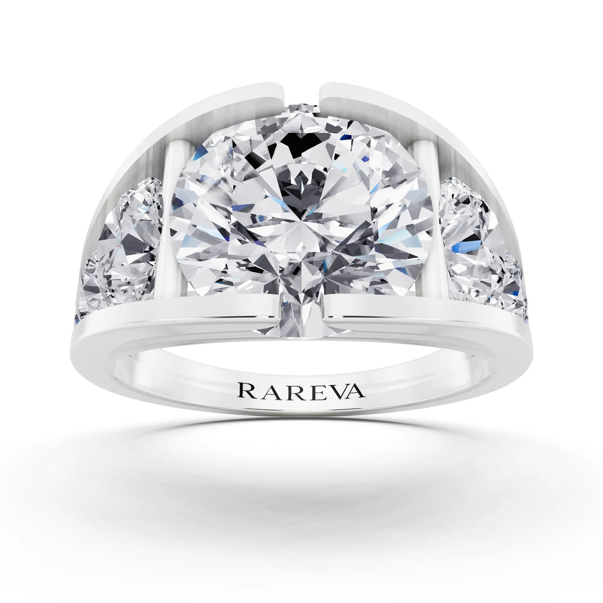 18 KT White Gold Round Cut Diamond Ring with Graduated Side Stones - Front