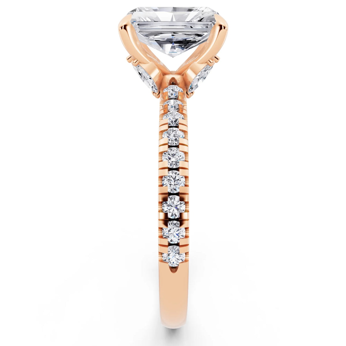 18 KT Rose Gold Radiant Cut Diamond Solitaire Ring with Marquise Collar - side view